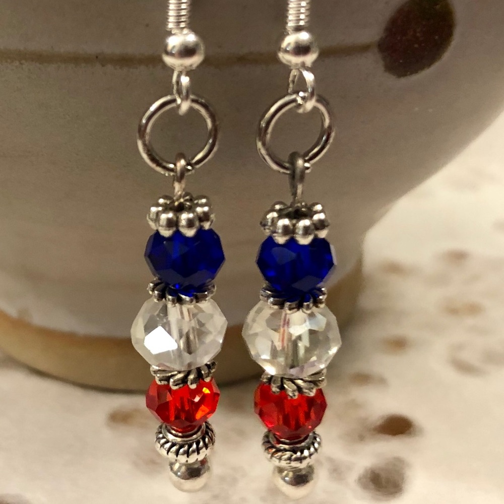 Red White Blue Earrings Drop w Silver Ear wires